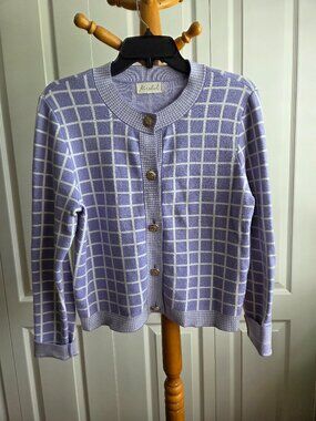 Marled Purple & White checkered cardigan sweater size S